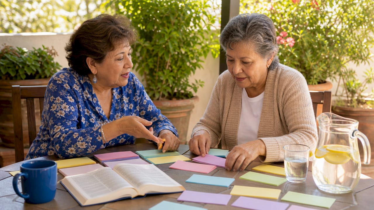 Hands grouping Spanish vocabulary flashcards on table