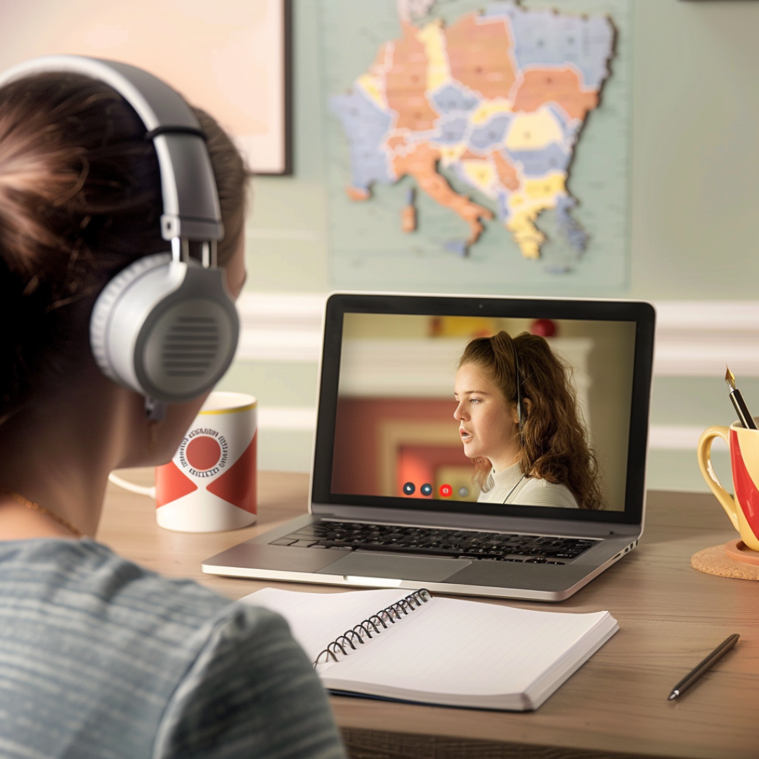 Student attending an online Spanish pronunciation class with headphones and a notebook.