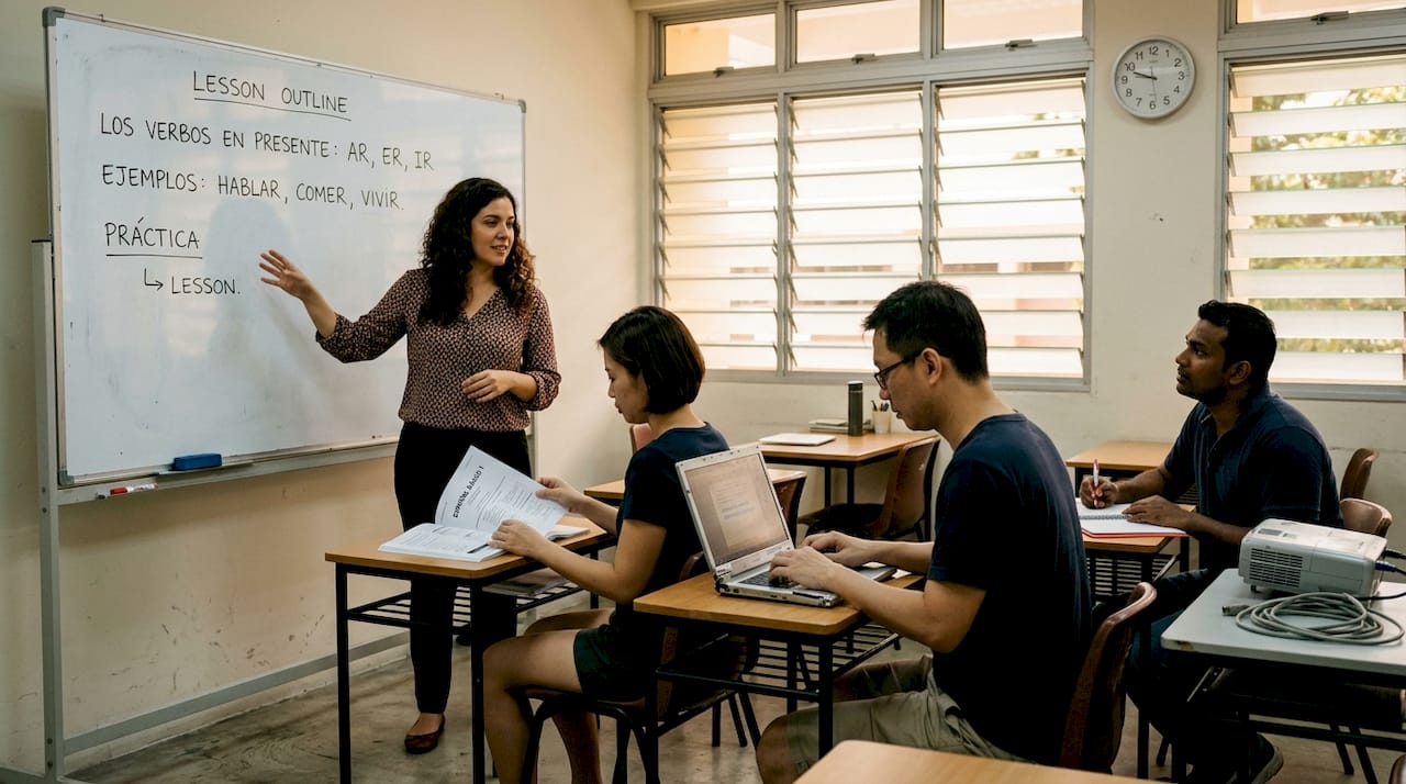 Teacher and adult students in Spanish classroom