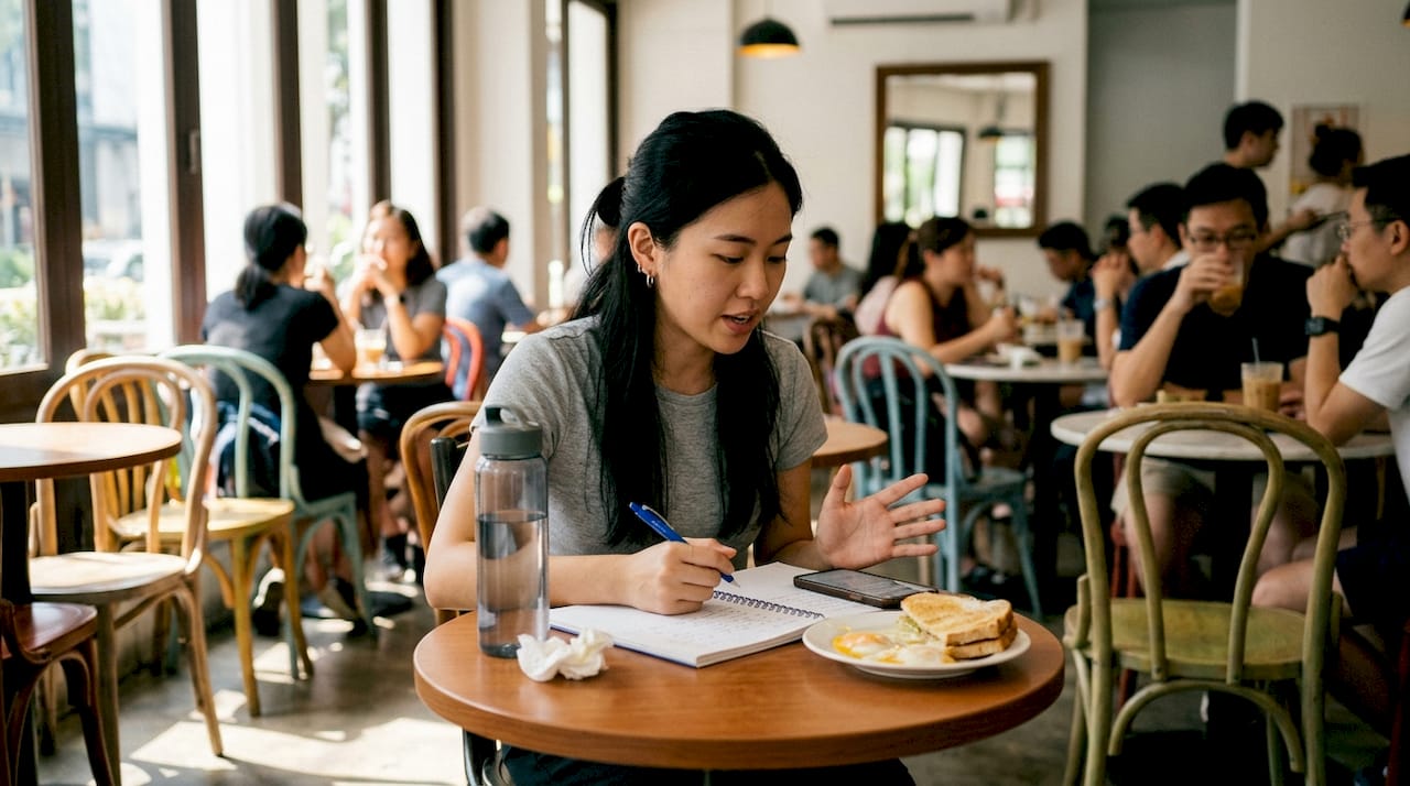 Woman practicing Spanish aloud in café