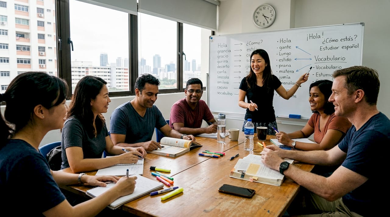 Adults learning Spanish in a group classroom setting
