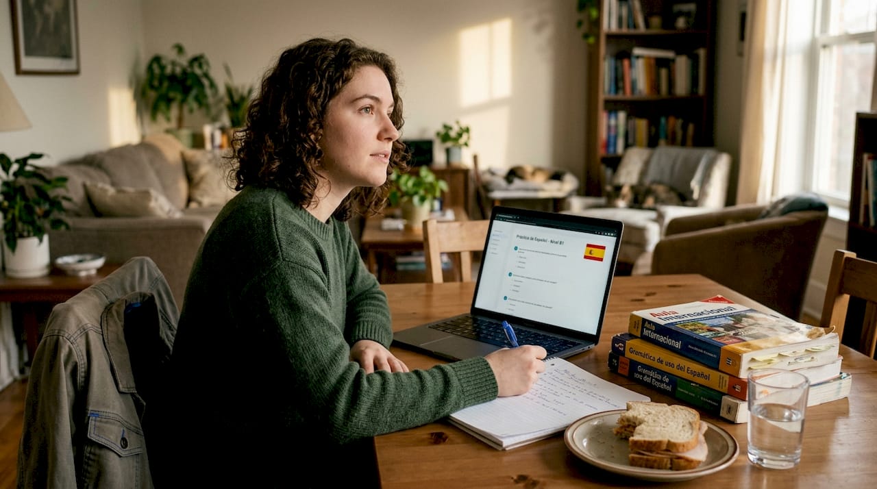 Student preparing for Spanish exam at home