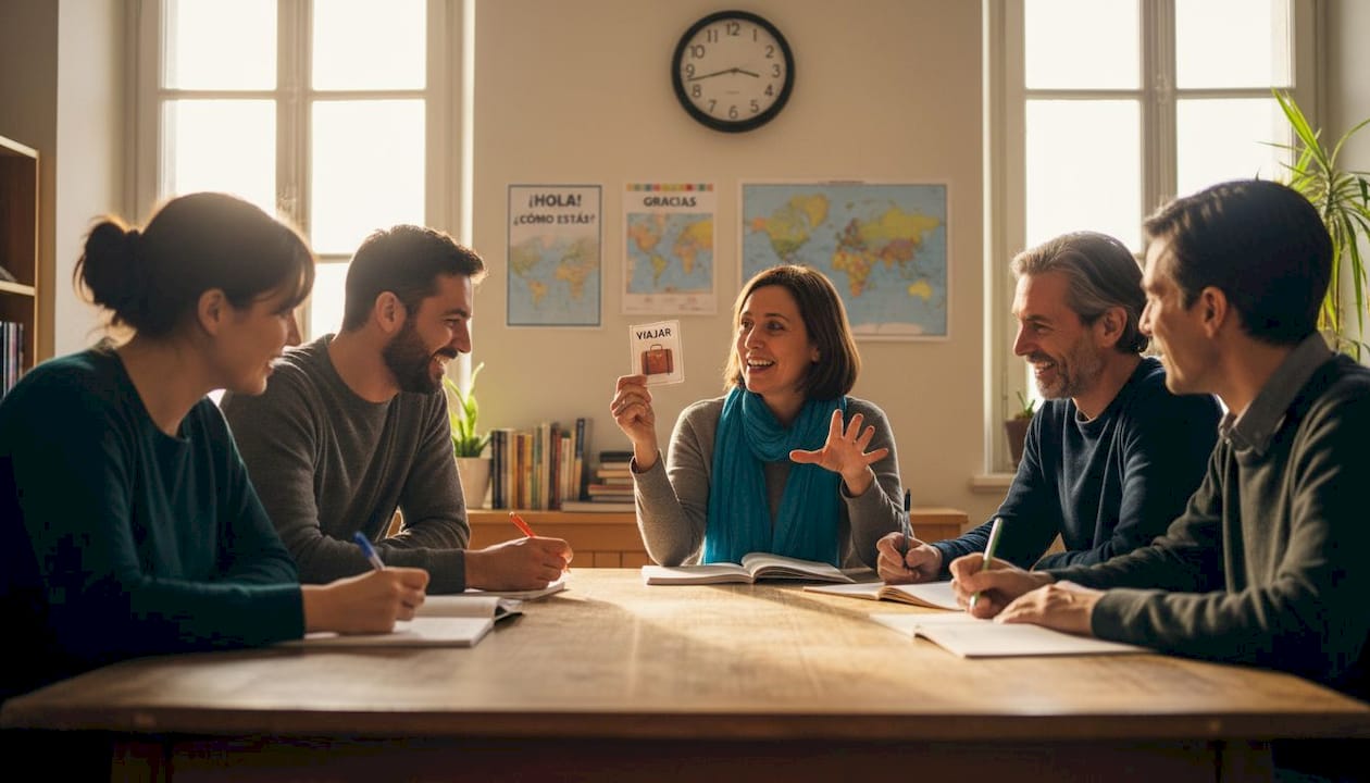 Spanish learners talking around classroom table