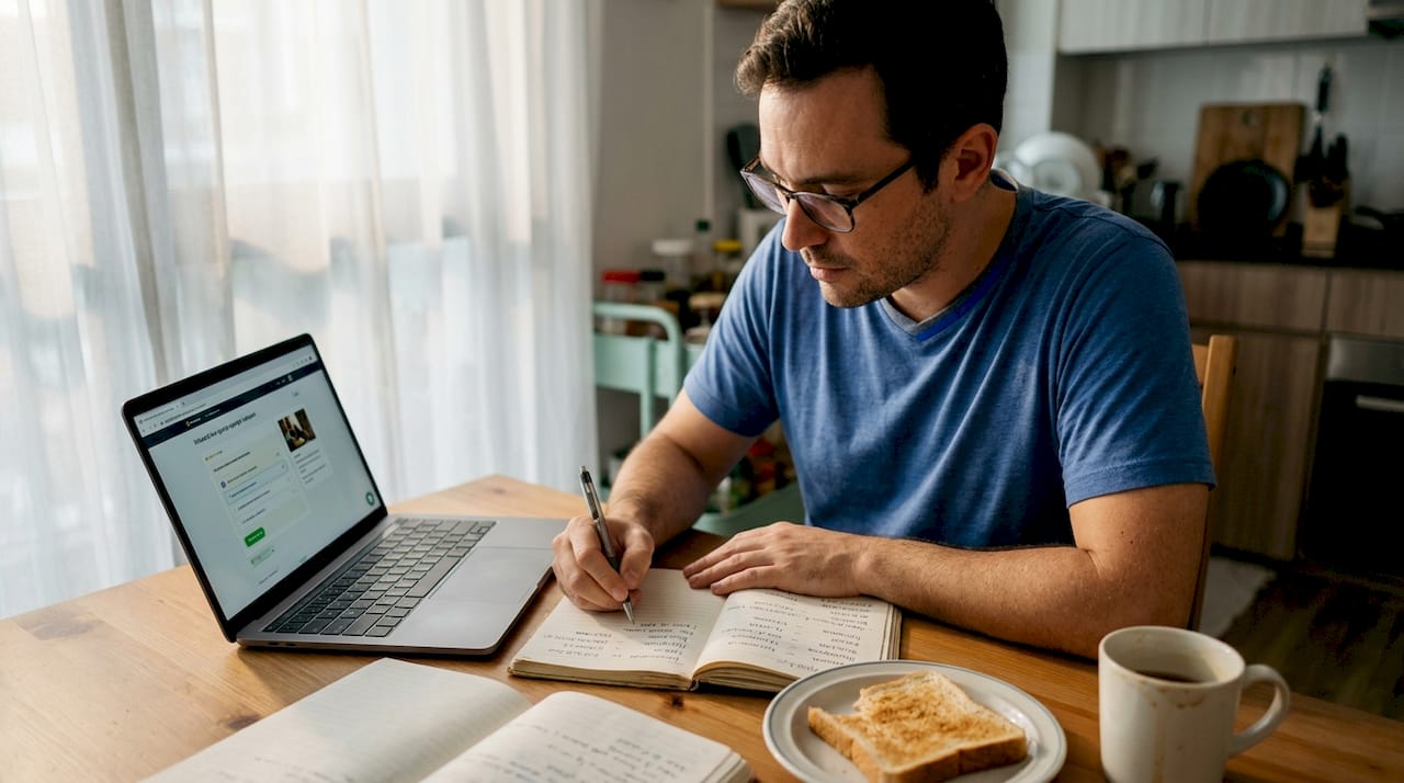 Adult writing Spanish phrases in home kitchen