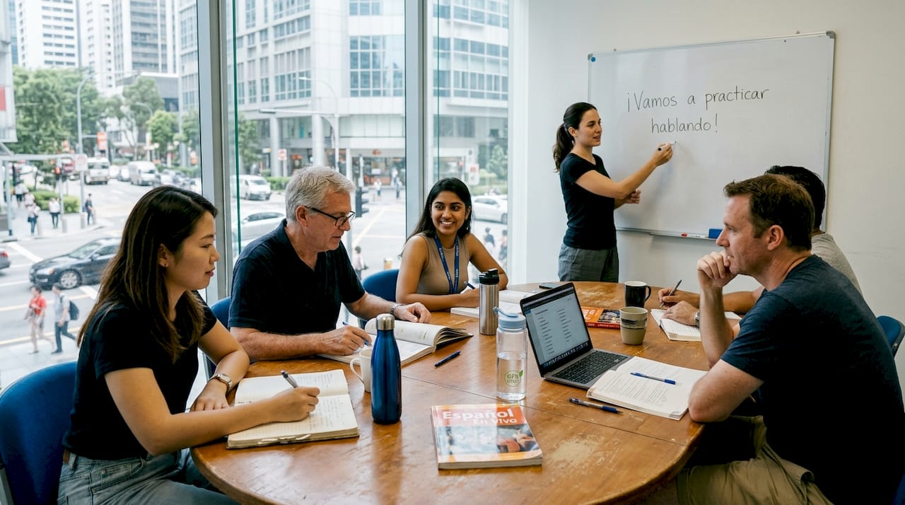 Adults engaged in Spanish class discussion