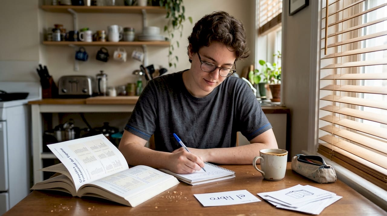 Person studying Spanish grammar in kitchen