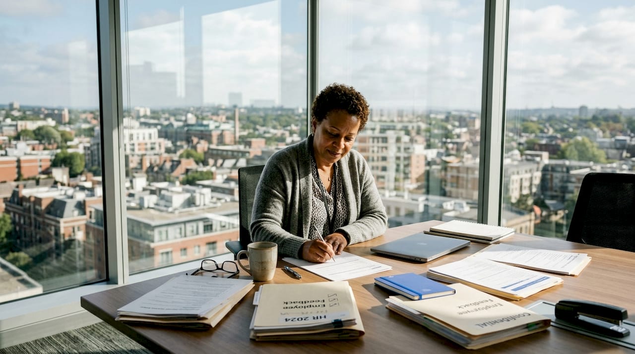 HR manager reviewing workplace survey responses