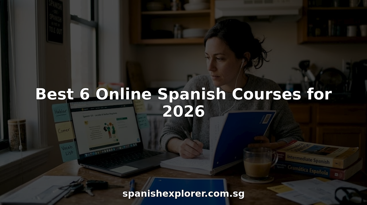 Woman learning Spanish online at kitchen table