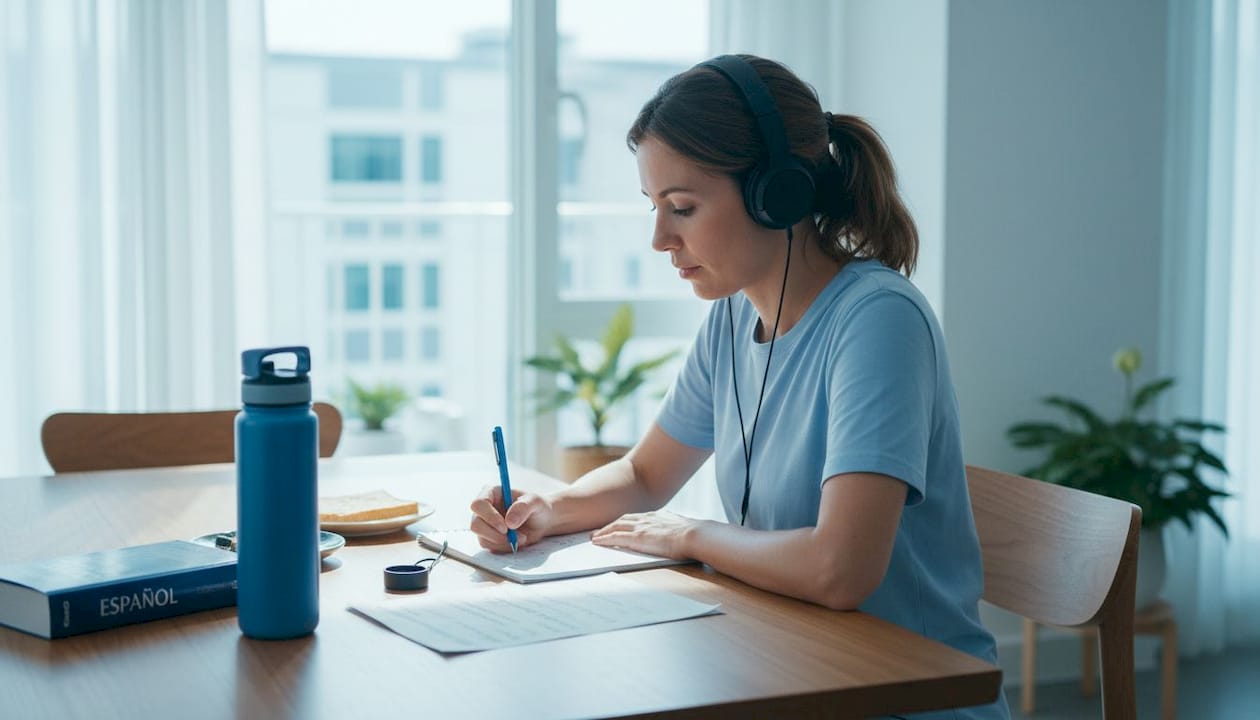Adult woman studying Spanish at home table