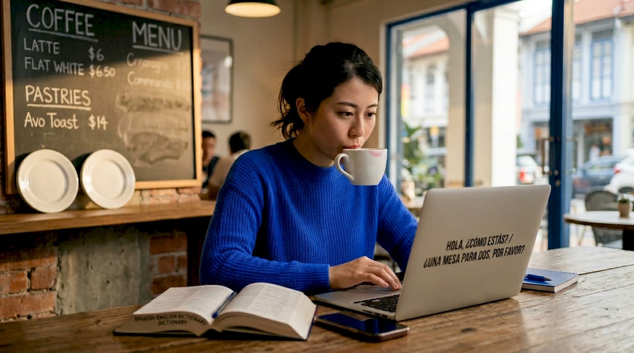 Woman studying Spanish in Singapore cafe