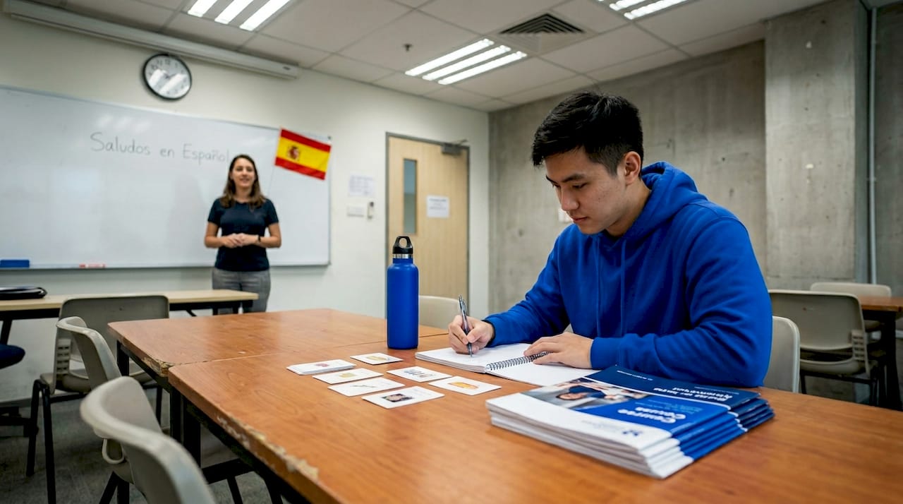 Student studying Spanish in Singapore classroom
