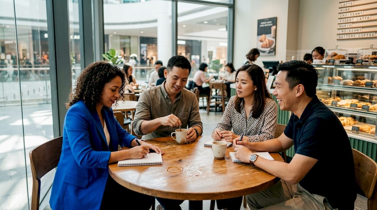Group chatting Spanish in Singapore café