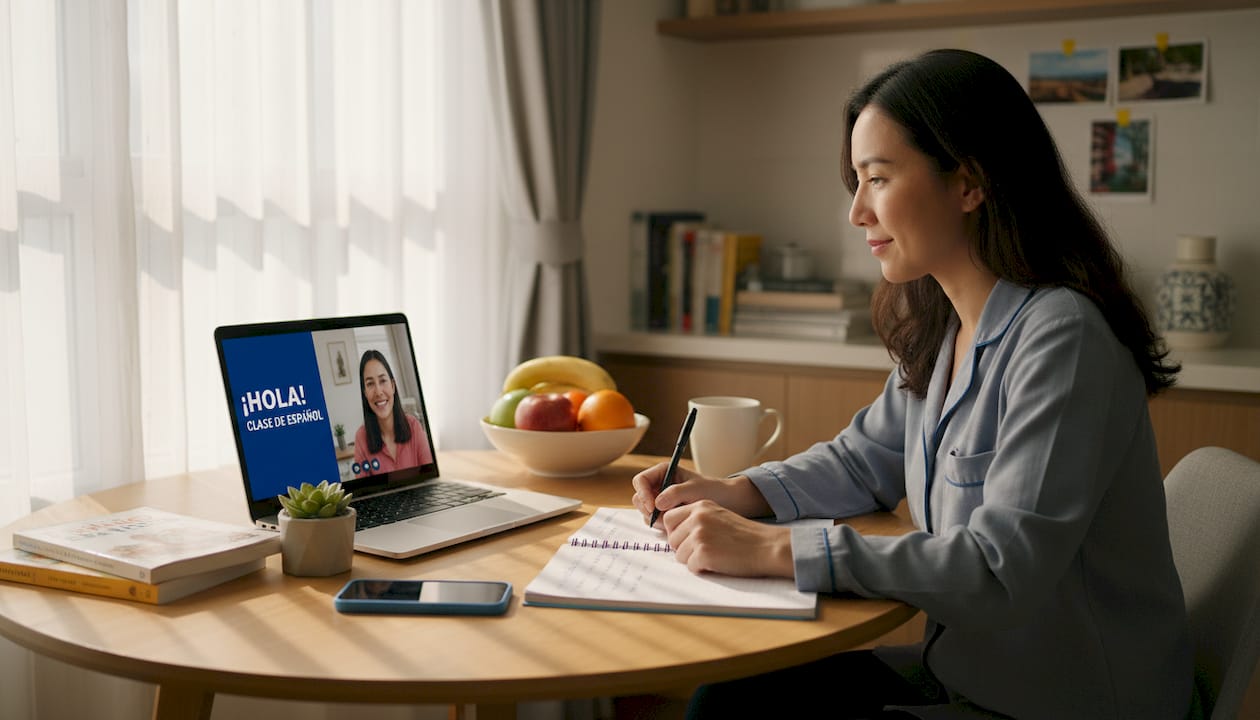 Woman in kitchen taking online Spanish lesson