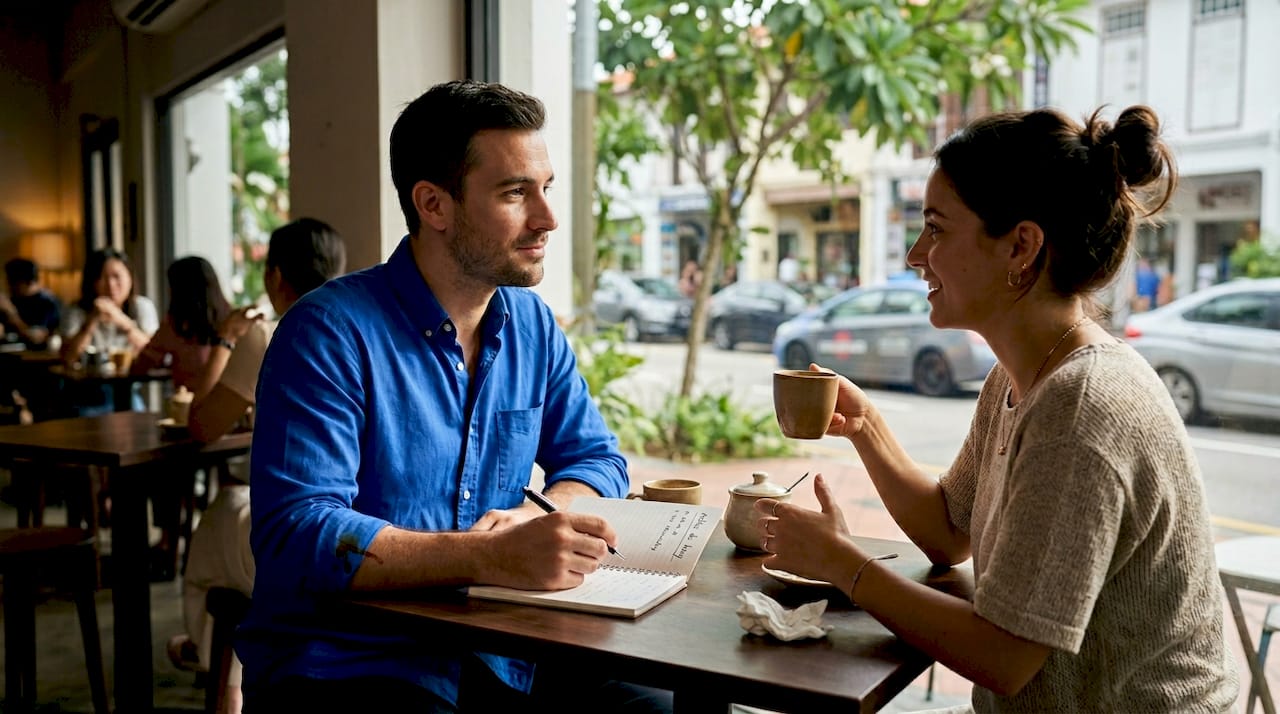 Two people conversing in Spanish at café table