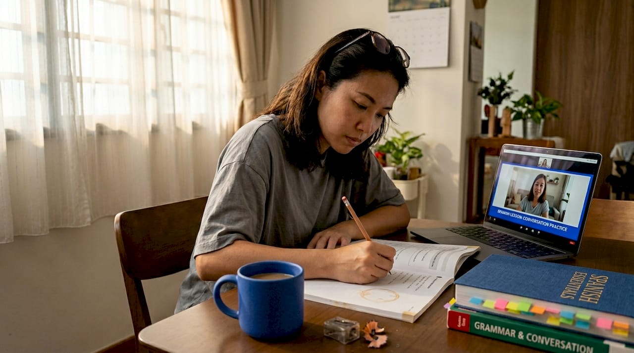 Learner studying Spanish at home table
