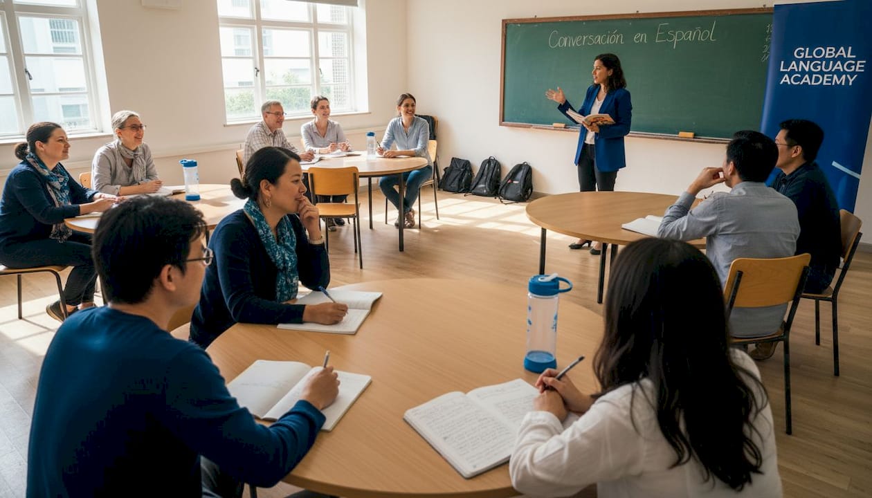 Adult Spanish learners in classroom Singapore