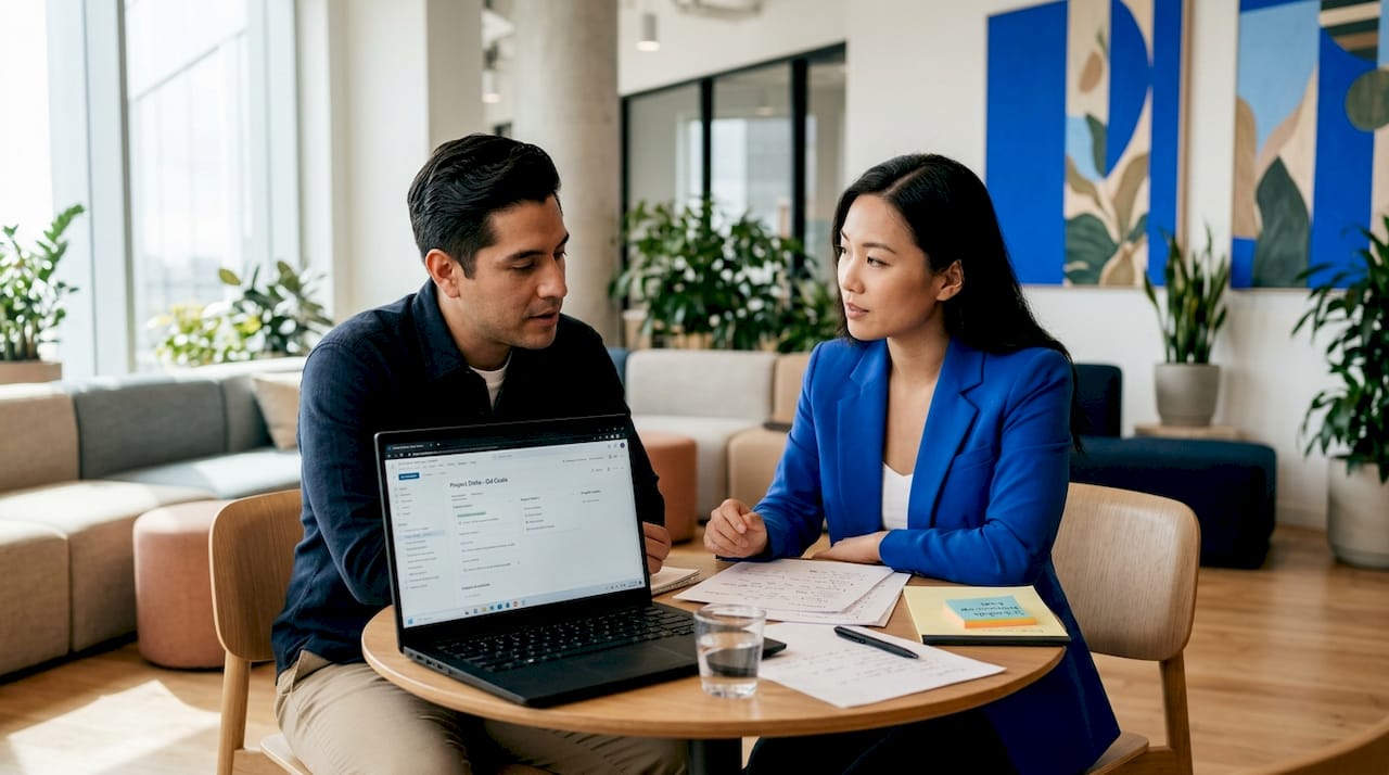 Business professionals discussing notes in corner office