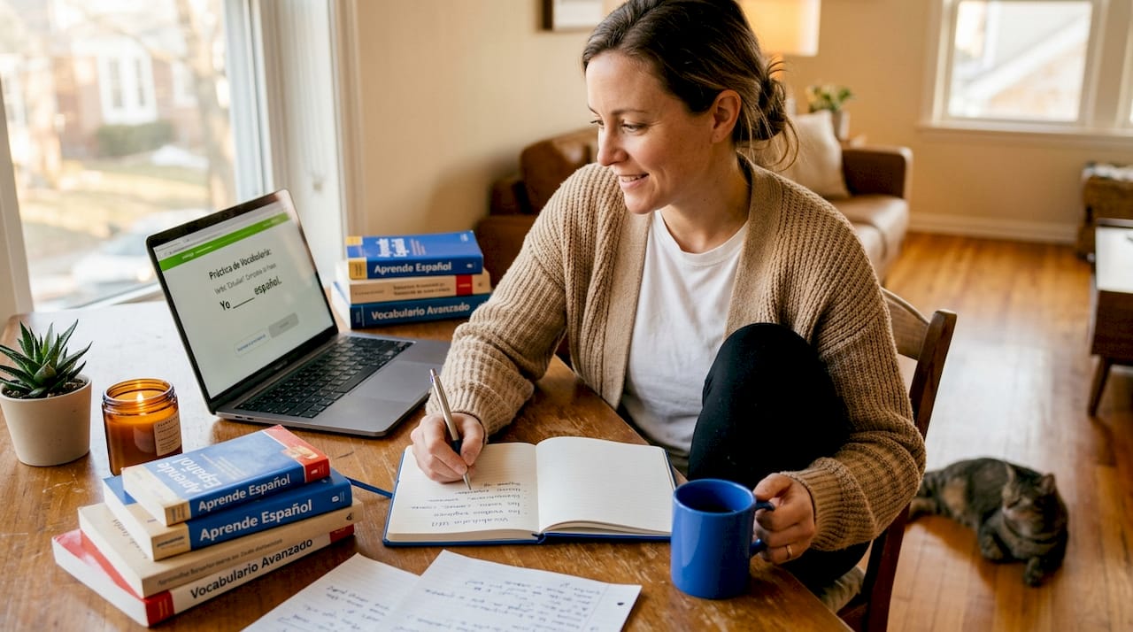 Adult woman practicing Spanish in home office
