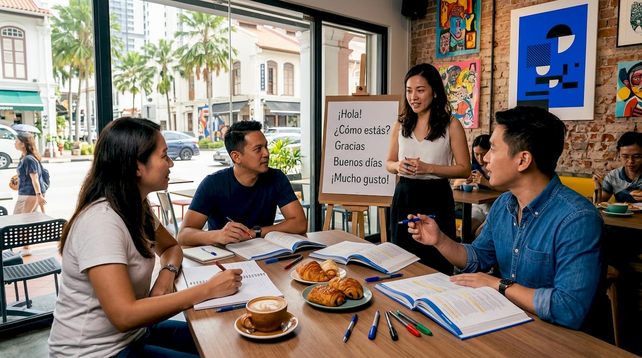 Adults learning Spanish in classroom setting