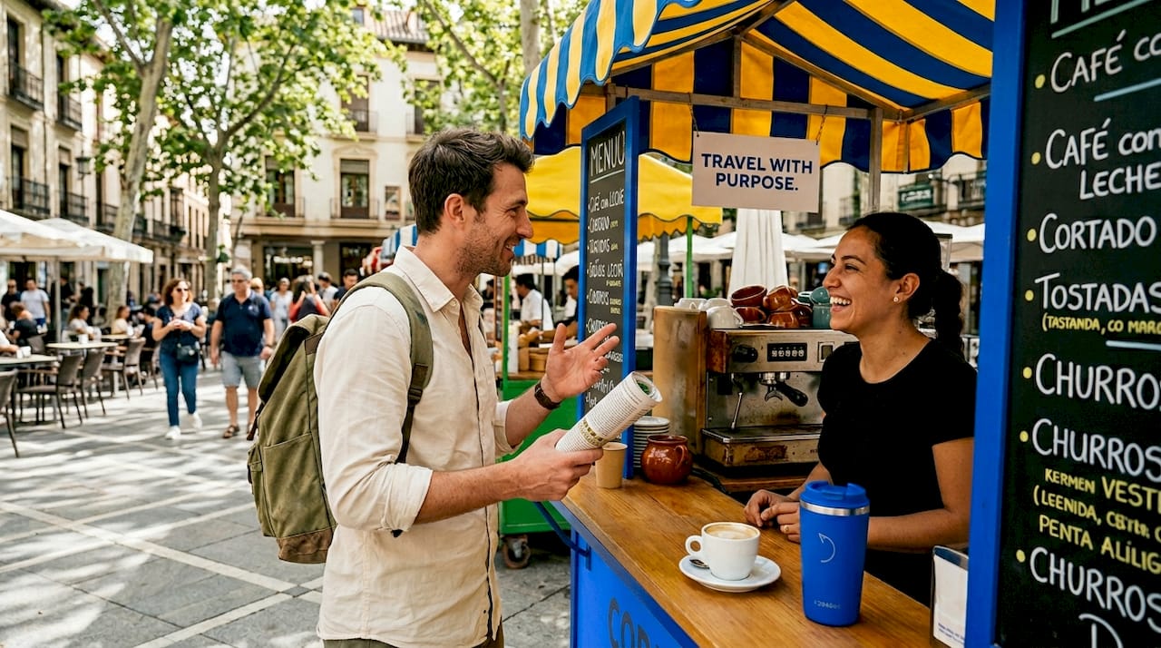 Traveler speaking Spanish with café owner in Madrid