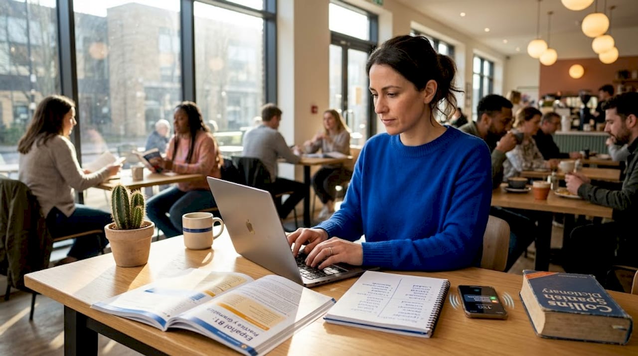Professional learning Spanish at office desk