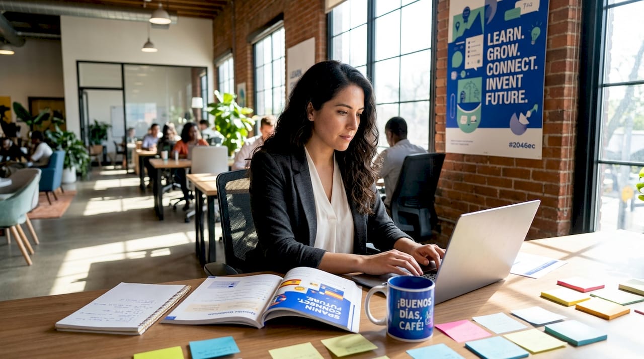 Woman practicing Spanish at office desk