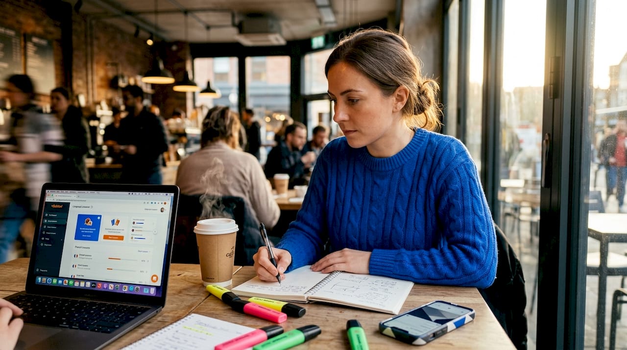 Woman planning Spanish goals at dining table