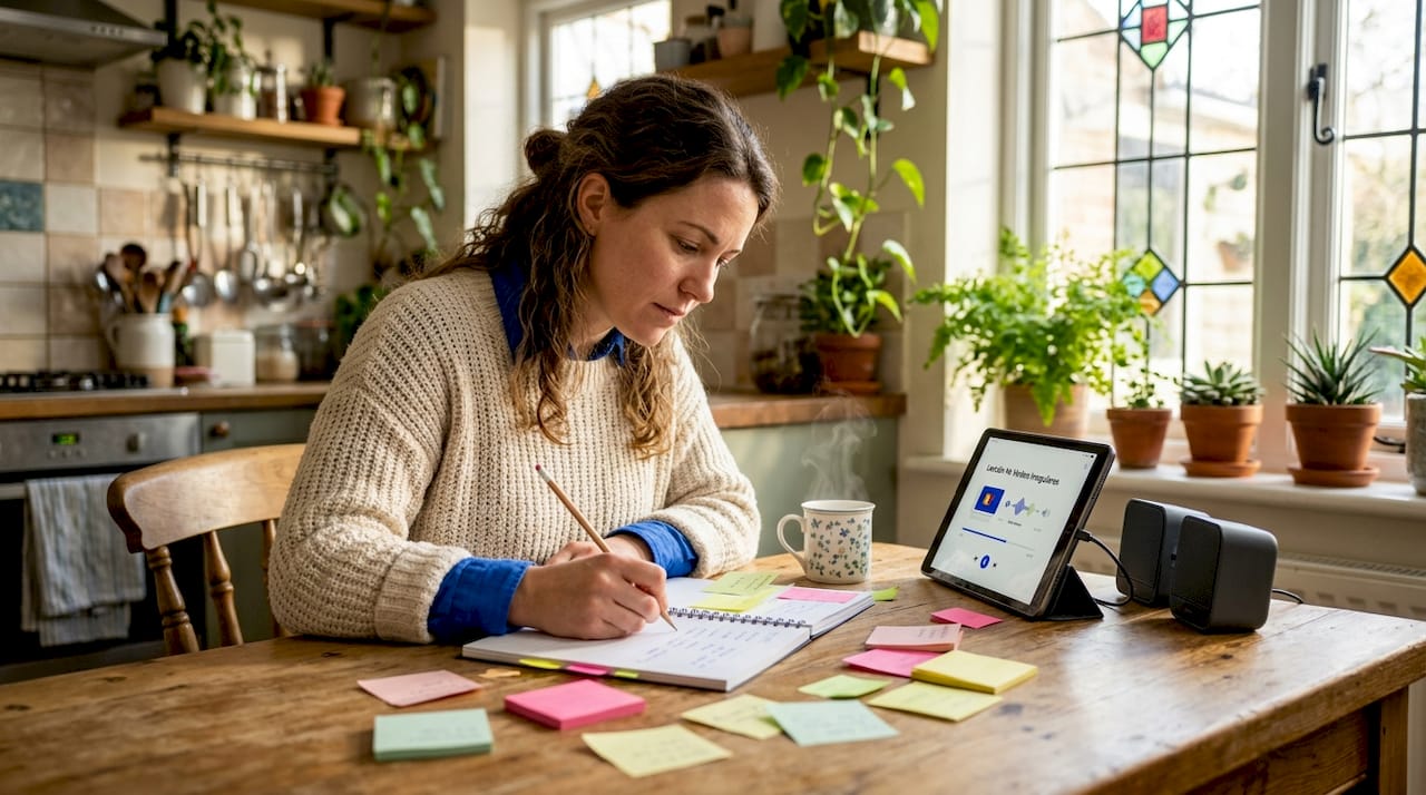 Woman studying Spanish at kitchen table