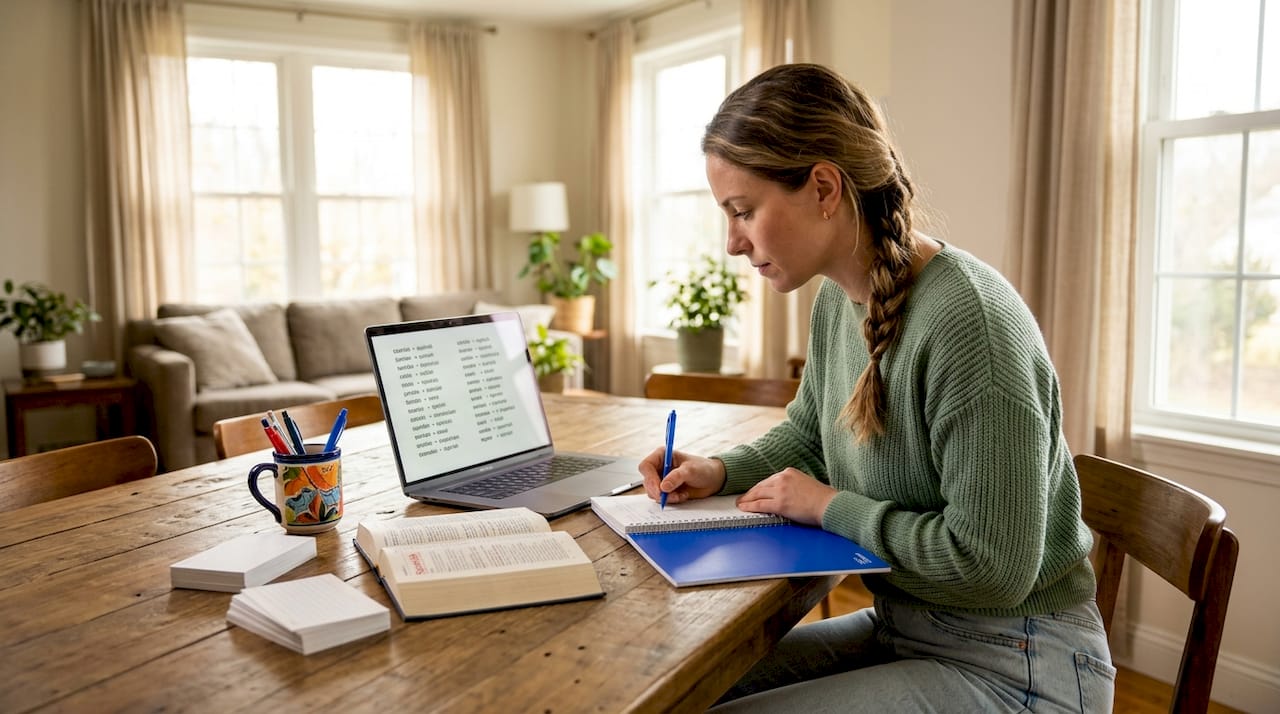 Woman studying Spanish vocabulary at home