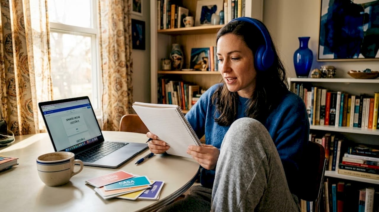 Woman practicing Spanish at kitchen table