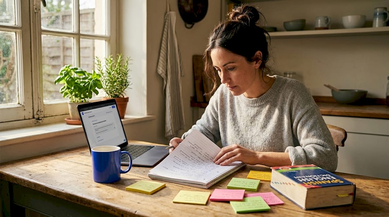 Woman studying Spanish grammar at kitchen table