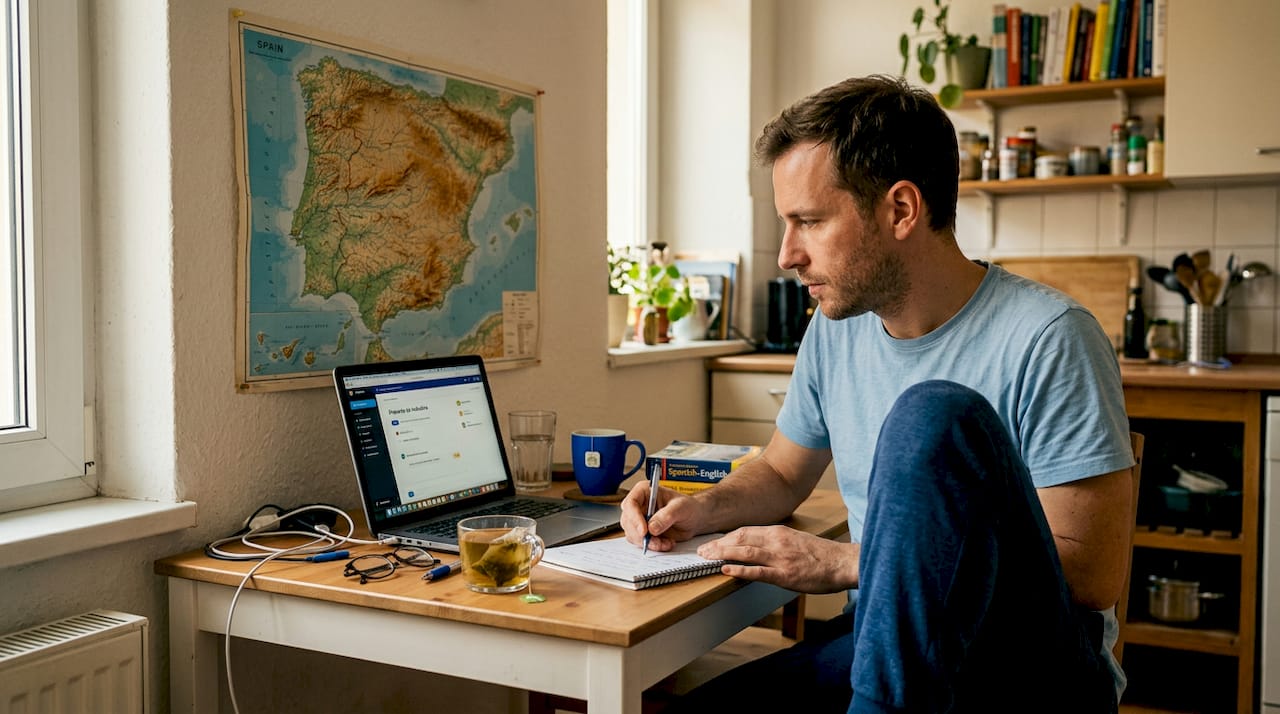 Man learning Spanish at dining table with notebook