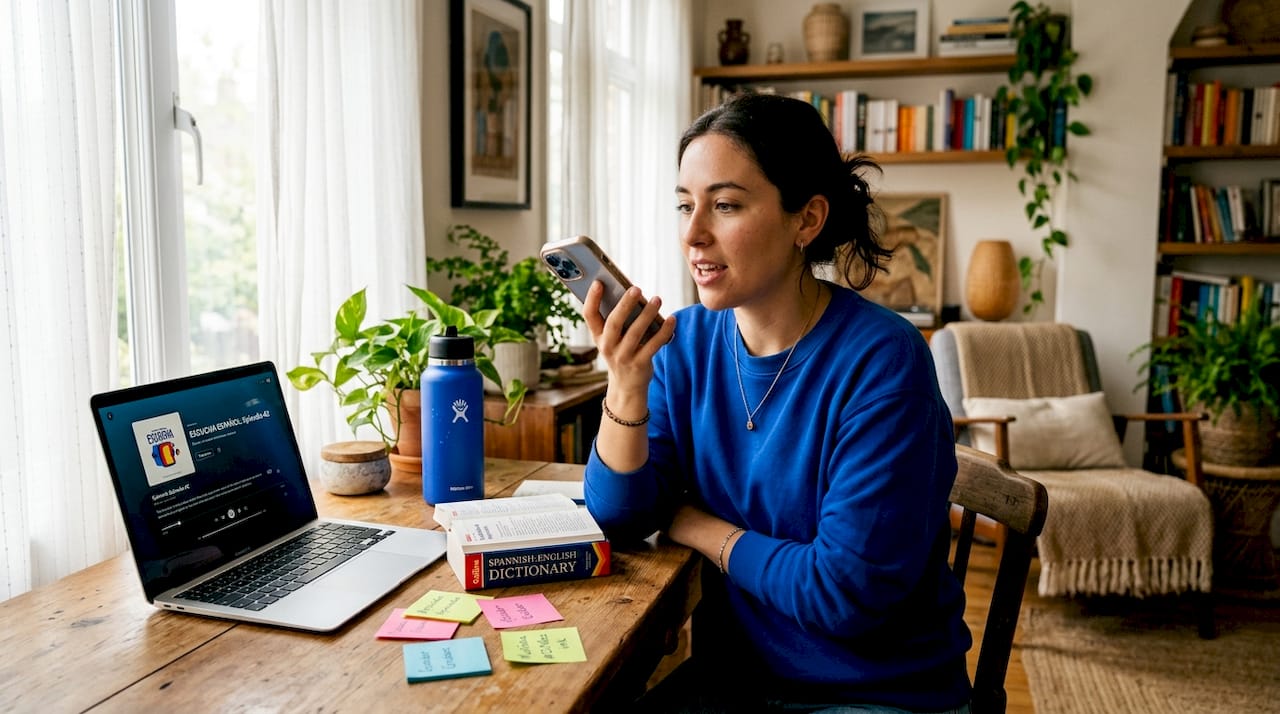 Woman practicing Spanish at cluttered home desk
