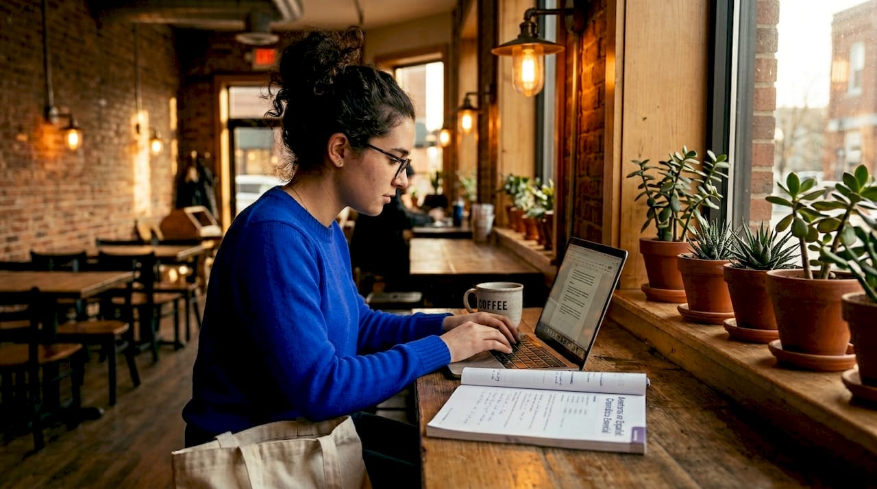 Student studying academic Spanish in library room