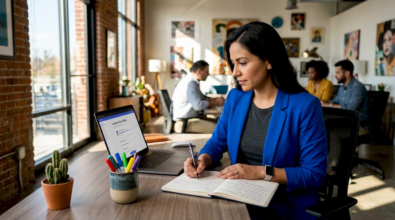 Professional woman studying Spanish phrases at desk