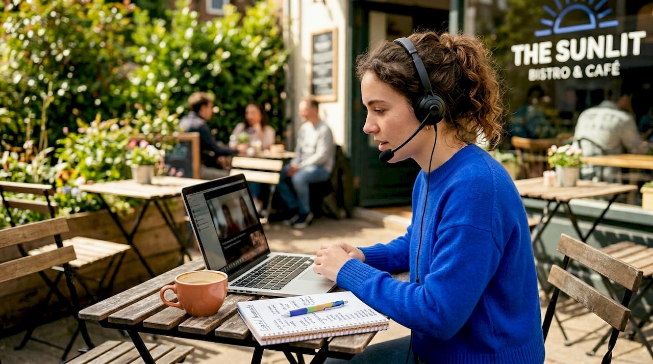 Woman practicing advanced Spanish in coffee shop
