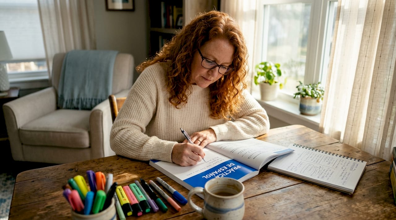 Adult woman practicing Spanish writing at home