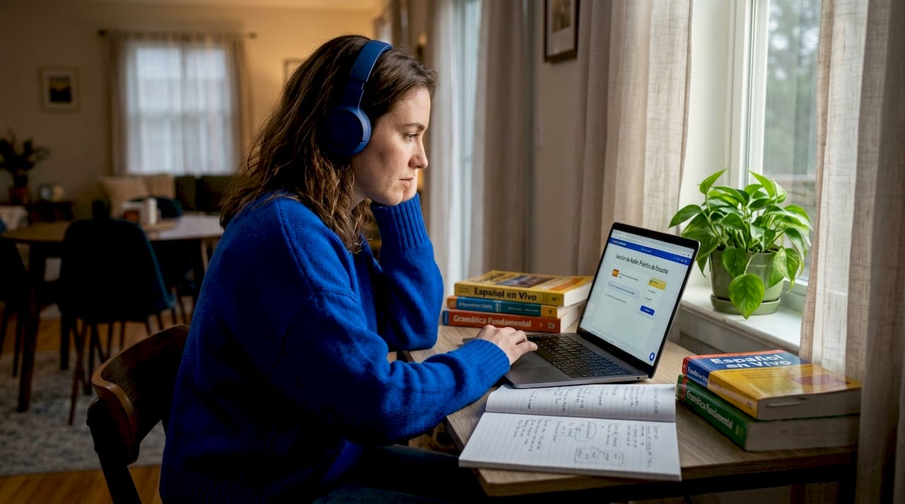Person practicing Spanish listening skills at home