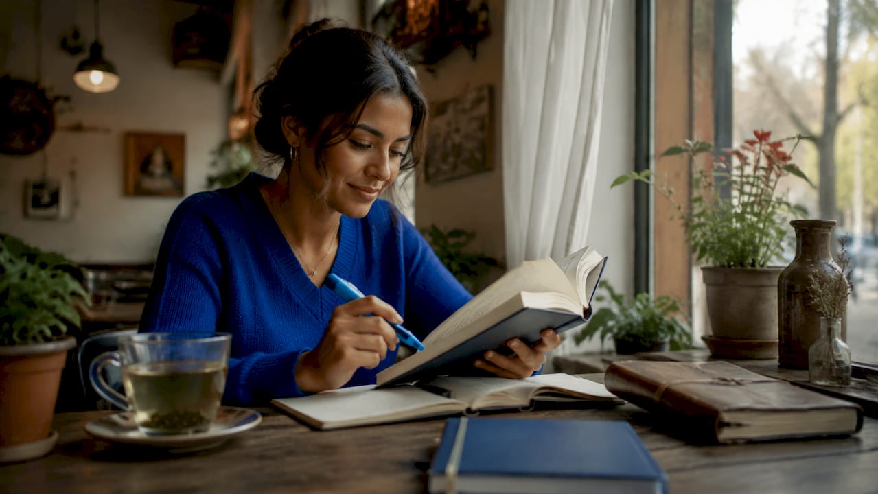 Adult woman studying Spanish at home desk