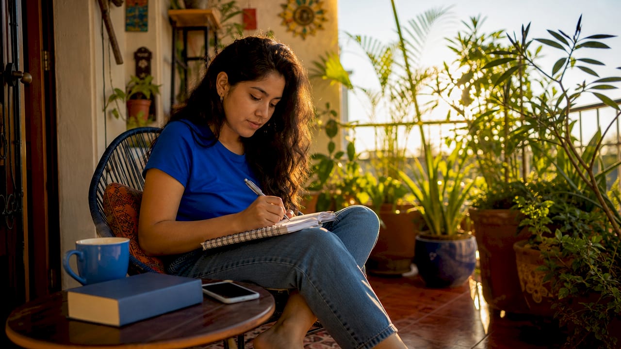 Hispanic woman studying Spanish at home