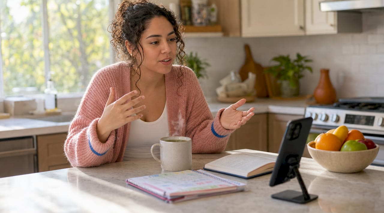 Woman practicing Spanish conversation at desk