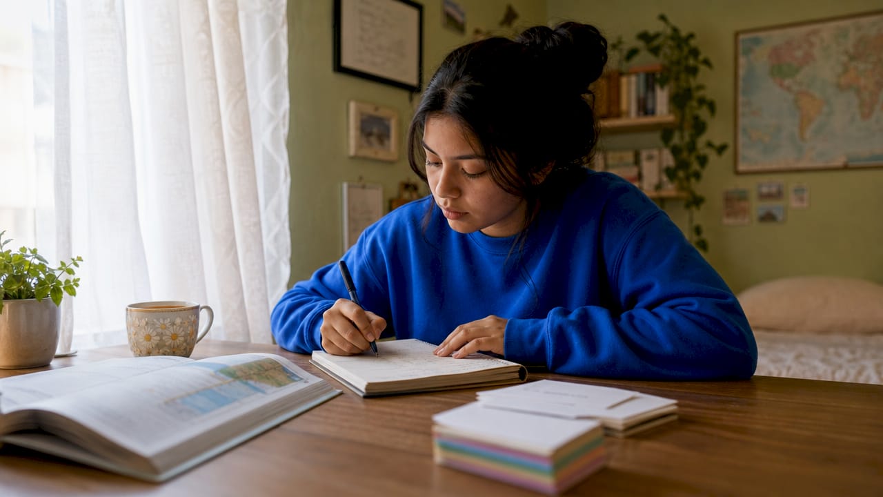 Young woman studying Spanish at home desk