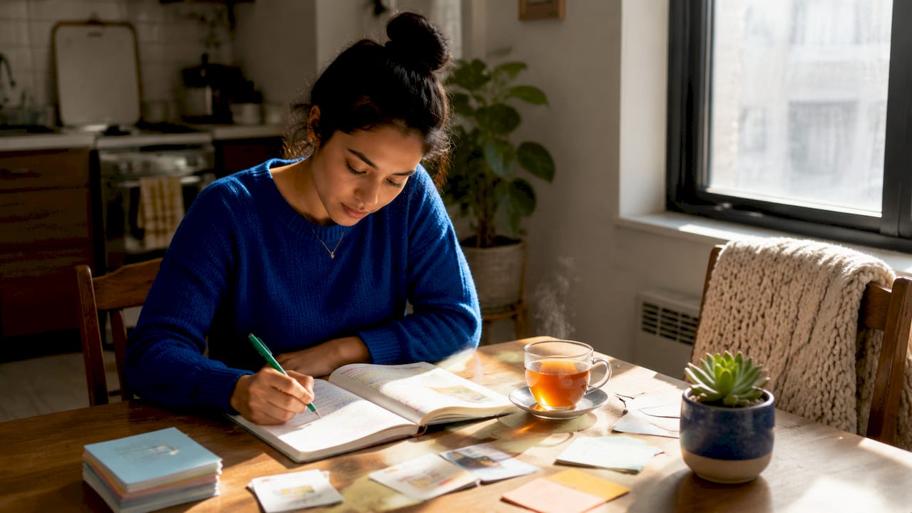 Young woman studying Spanish vocabulary at home
