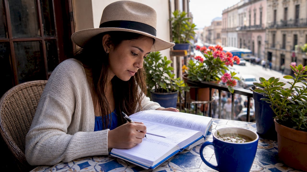 Woman studying Spanish grammar at kitchen table