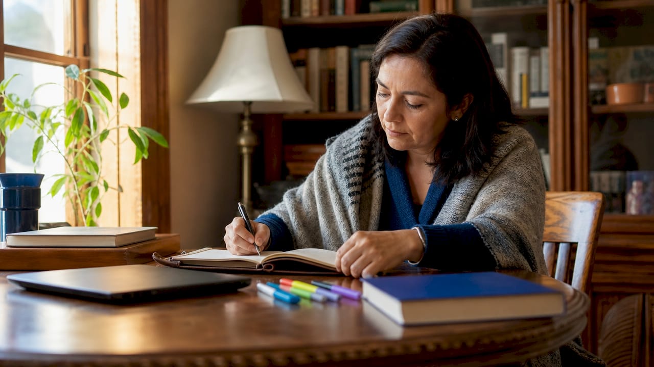 Adult woman writing Spanish at home desk