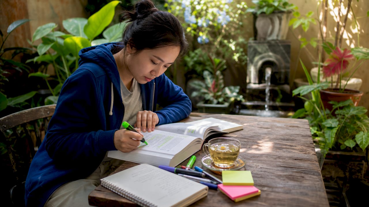 Woman studying for language certification exam