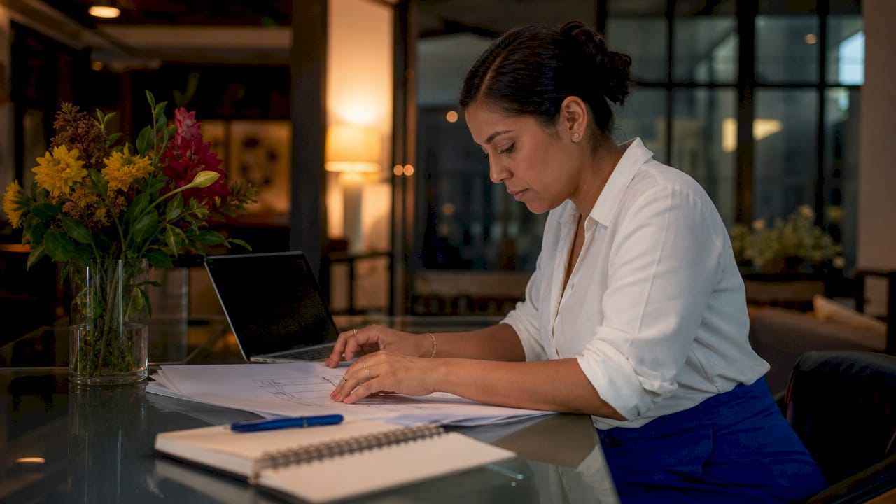 Woman reviewing business Spanish communication workflow documents