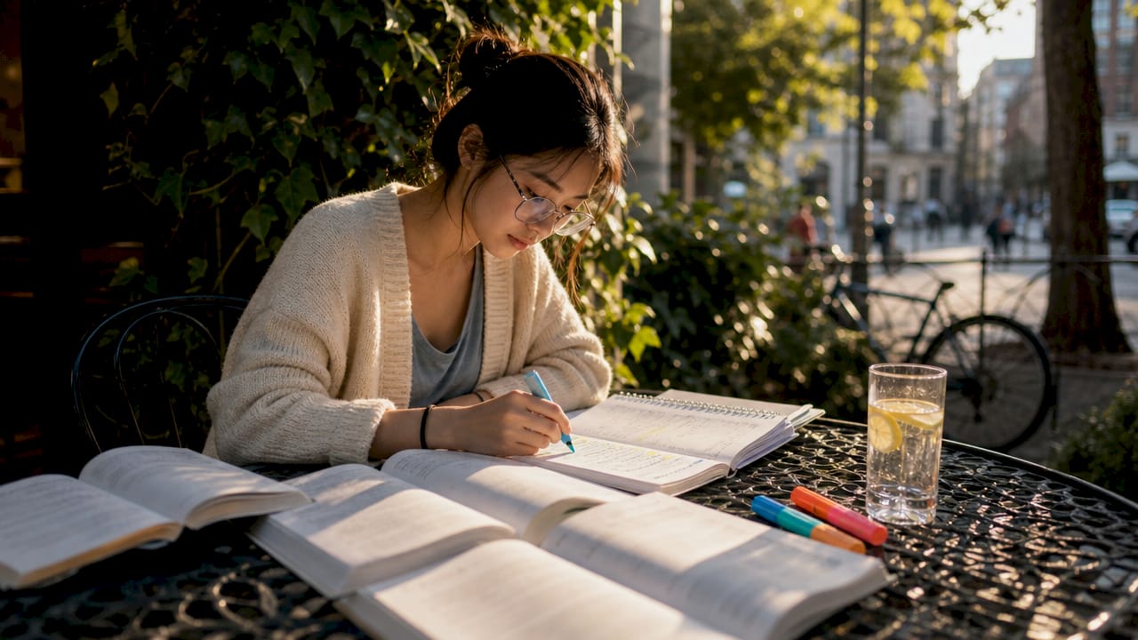 Young woman studying third language at home desk