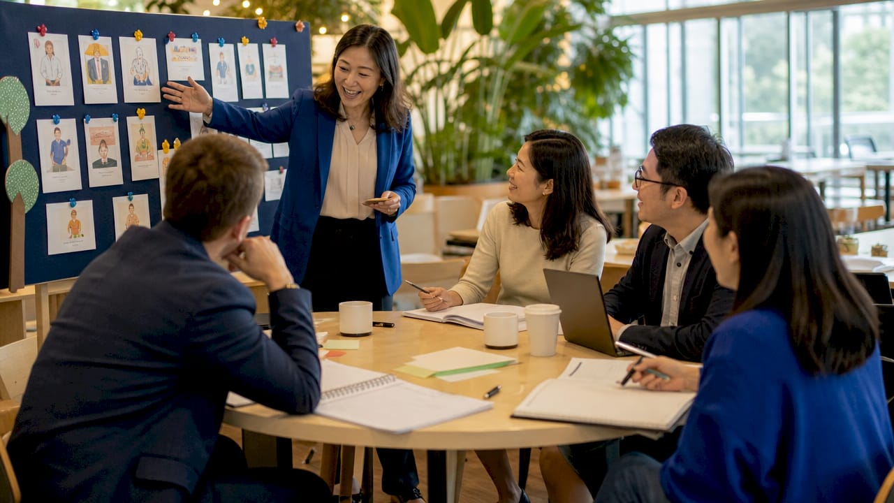 Corporate language training session with diverse professionals