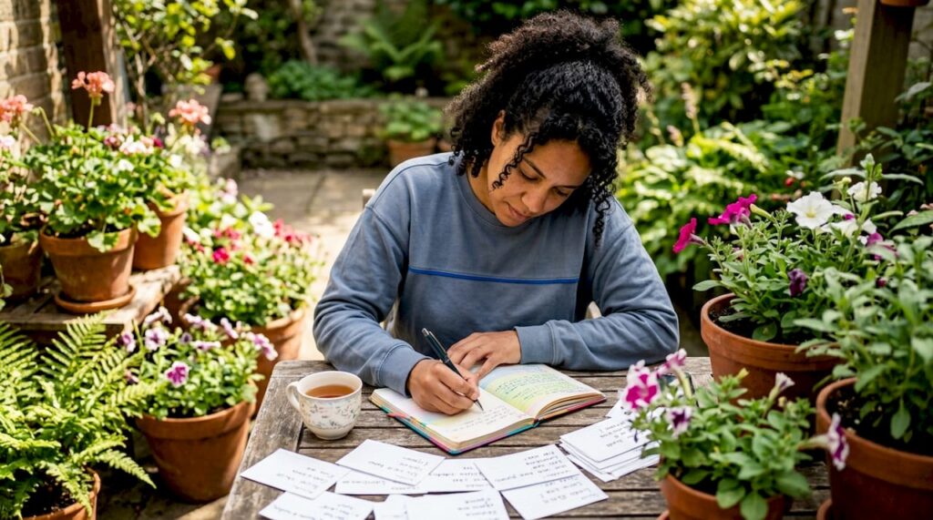 Woman practicing Spanish at home table